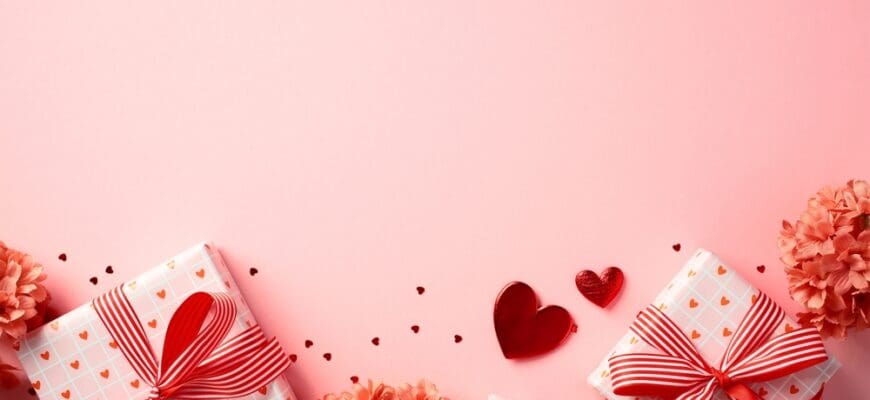 Valentine's,Day,Flat,Lay,Composition,With,Gift,Boxes,Wrapped,In